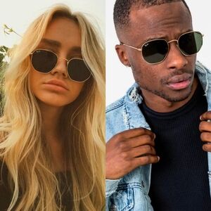 NWT Ray-Ban Green Lense Gold Hexagonal Flat Sunglasses Unisex